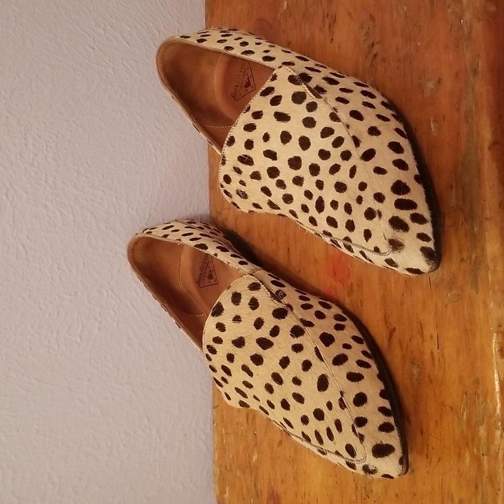 John Fluevog Calf Hair Animal Print Impel Loafers EUC